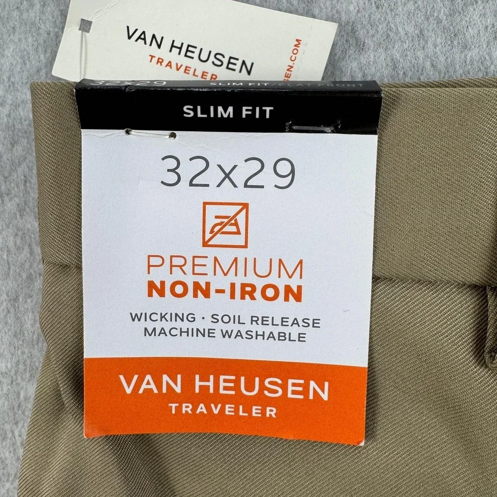 Van Heusen Traveler Dress Pants Mens 32x29 Beige Non Iron Microfiber NEW $60